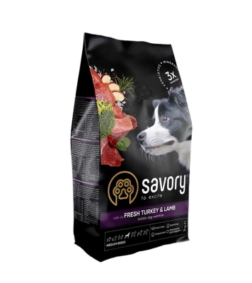 Корм сухой для собак средних пород Savory 30266 со свежим мясом индейки и ягненка, 3 кг
