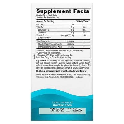 Омега Nordic Naturals Ultimate Omega Xtra 1480 мг, лимон, 60 капсул