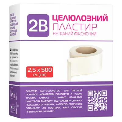 Пластир медичний 2В целюлозний нетканий фіксуючий, білий 2,5 см х 5 м, 1 штука