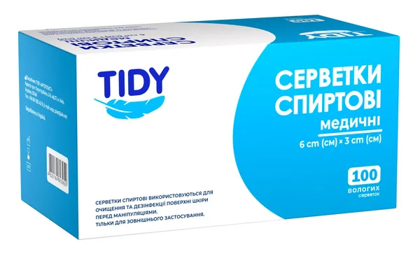 Серветки спиртові Tidy медичні 30 мм х 60 мм, 100 штук