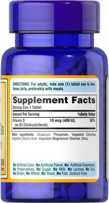 Витамин Д3 Puritan's Pride Vitamin D3 400 МЕ, 100 таблеток