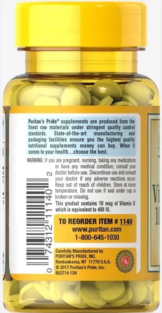 Витамин Д3 Puritan's Pride Vitamin D3 400 МЕ, 100 таблеток