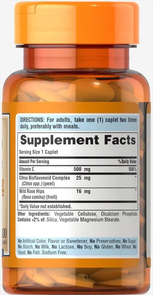 Витамин С Puritan's Pride Time Release Vitamin C-500 с Protective Bioflavonoids and Wild Rose Hips, 100 каплет медленного высвобождения