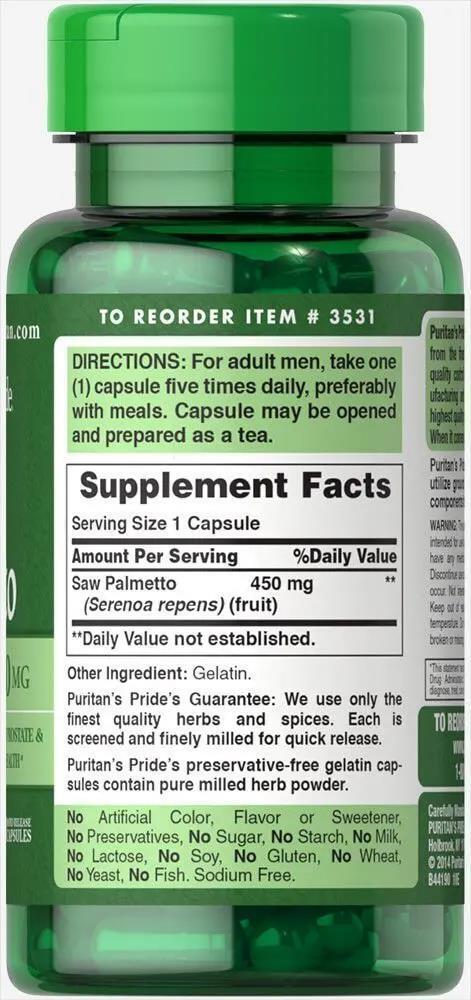 Со Пальметто Puritan's Pride Saw Palmetto 450 мг, 200 капсул