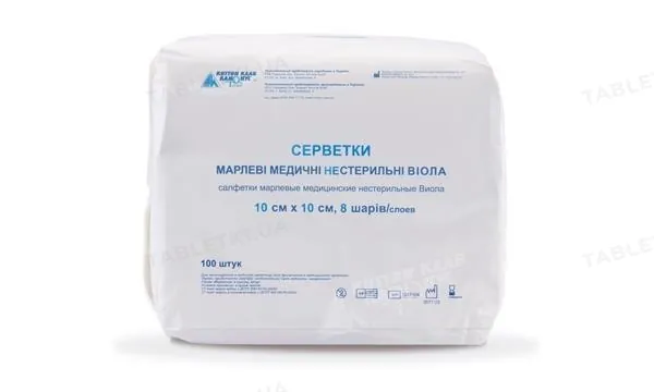 Серветка марлева нестерильна Віола 10 см х 10 см тип 17, 8 шарів, 100 штук