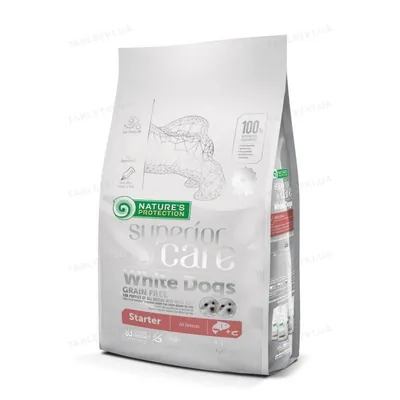 Корм сухий Nature's Protection Superior Care White Dogs Grain Free Starter All Breeds для цуценят білих порід з рибою лосось, 1,5 кг