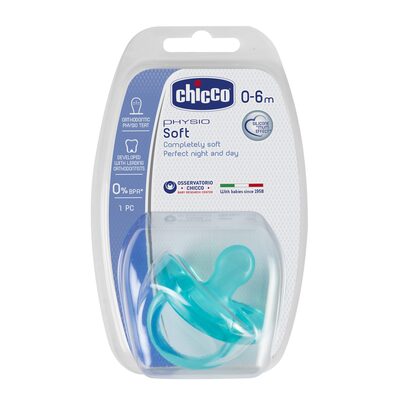 Пустышка силиконовая Chicco Physio Soft (02711.21), от 0 до 6 месяцев, голубая, 1 шт