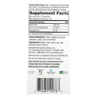 Бетаїн гідрохлорид Enzymedica Betaine HCI швидкої дії, 60 капсул