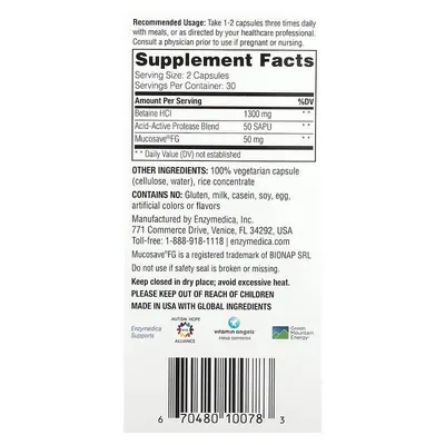 Бетаїн гідрохлорид Enzymedica Betaine HCI швидкої дії, 60 капсул