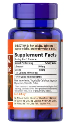 Кофеїн та L-теанін Puritan's Pride Caffeine & L-Theanine, 30 капсул