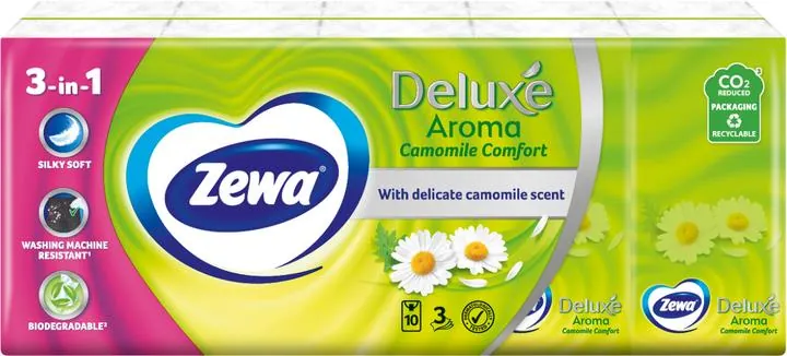 Хусточки паперові Zewa Deluxe Aroma Ромашка 3 шари, 10 шт х 10 уп