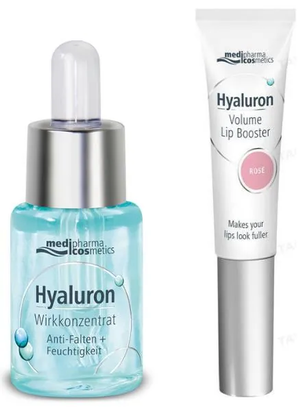 Набір Medipharma Cosmetics Hyaluron Сироватка для обличчя для інтенсивного зволоження шкіри 13 мл + Бальзам для губ Rose 7 мл