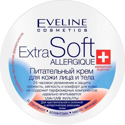 Крем для лица и тела Eveline Extra Soft Allergique питательный для чувствительной и склонной к аллергическим реакциям кожи, 200 мл.