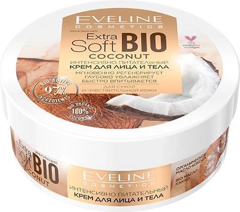 Крем для лица и тела Eveline Extra Soft Bio Coconut интенсивно питательный, 200 мл