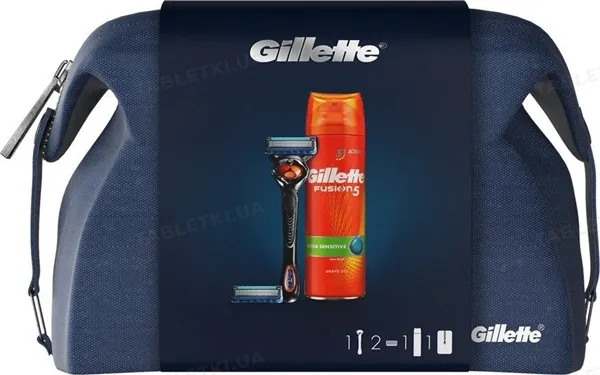 Набір Бритва Gillette Fusion5 ProGlide + 2 Касети + Гель для гоління Fusion5 Ultra Sensitive 200 мл + Дорожня косметичка