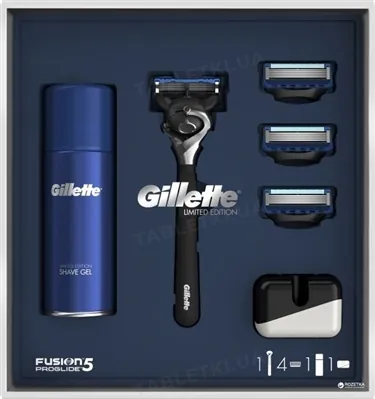 Набір Бритва Gillette Fusion5 ProGlide + 4 Касети + Гель для гоління для чутливої шкіри + Підставка