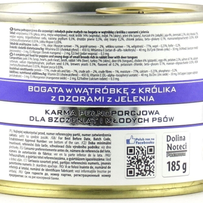 Консерва для щенков и молодых собак Dolina Noteci Premium Junior с печенью кролика и оленьим языком, 185 г
