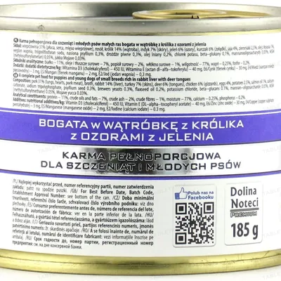 Консерва для цуценят та молодих собак Dolina Noteci Premium Junior з печінкою кролика та оленячою мовою, 185 г