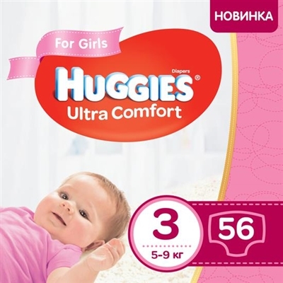 Подгузники детские Huggies Ultra Comfort для девочек размер 3, 5-9 кг, 56 штук
