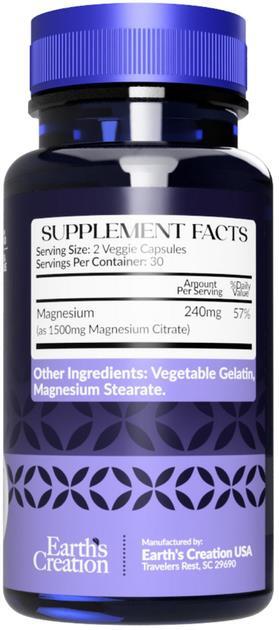 Магния цитрат Earth's Creation Magnesium Citrate 1500 мг, 60 капсул