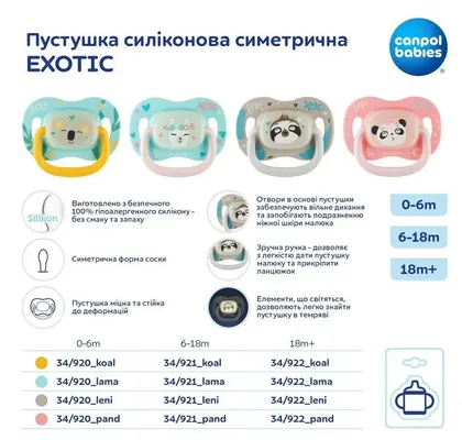 Пустушка силіконова Canpol Babies Exotic Animals симетрична 34/921, 6-18 місяців, 1 шт
