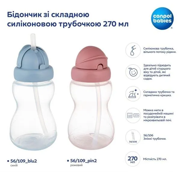 Поїльник Canpol Вabies 56/109_pin2 зі складною силіконовою трубочкою, рожевий, 270 мл