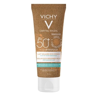 Молочко солнцезащитное Vichy Capital Soleil Solar Eco-Designed Milk увлажняющее для кожи лица и тела SPF 50+, 75 мл