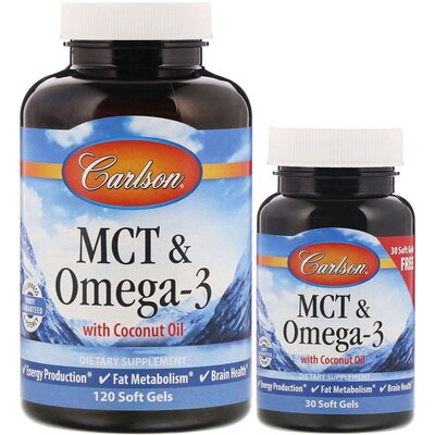 МСТ и Омега-3 Carlson Labs MCT & Omega-3 with Coconut Oil, 120+30 мягких таблеток