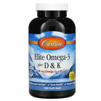 Омега 3 та вітамін Д3 + К Carlson Labs Omega-3 Plus D & K натуральний смак лимона, 180 м'яких таблеток