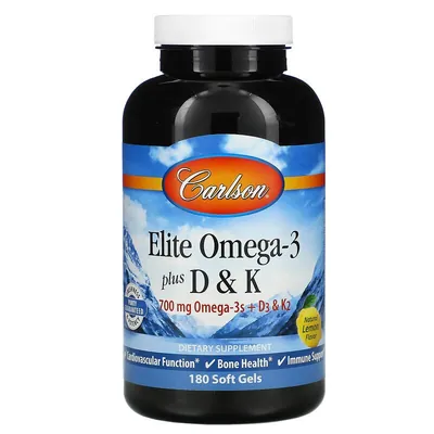 Омега 3 та вітамін Д3 + К Carlson Labs Omega-3 Plus D & K натуральний смак лимона, 180 м'яких таблеток