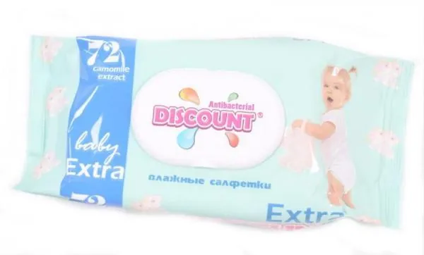 Серветки вологі Discount Antibacterial Extra дитячі з екстрактом ромашки, з клапаном 72 шт