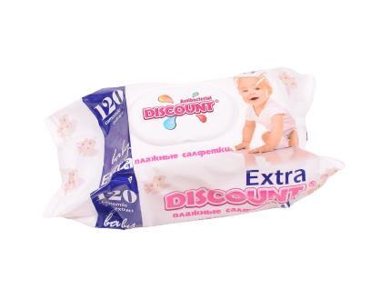 Серветки вологі Discount Antibacterial Extra дитячі з екстрактом ромашки, з клапаном 120 шт