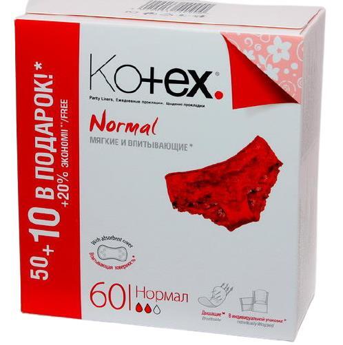Ежедневные гигиенические прокладки Kotex нормал, 50+10 шт