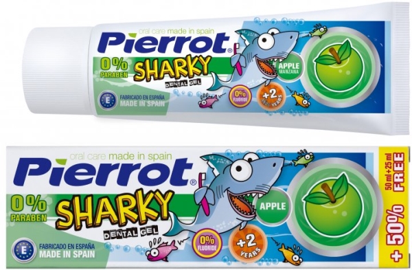 Гель для зубов Pierrot Sharky без фтора детский с яблочным ароматом от 2 лет, 50 мл + 25 мл