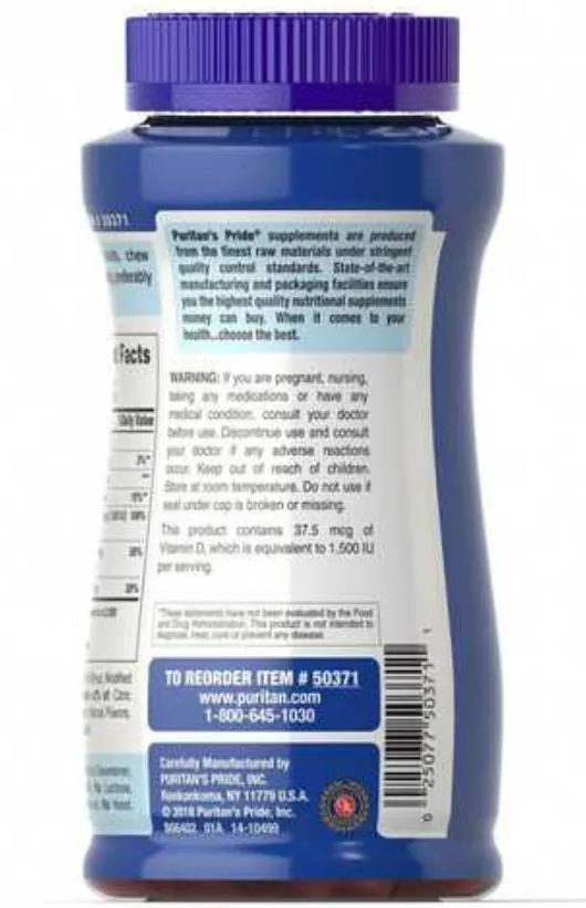 Кальцій+ вітамін D Puritan's Pride Calcium 750 mg + D 1500 IU, жувальні таблетки №90