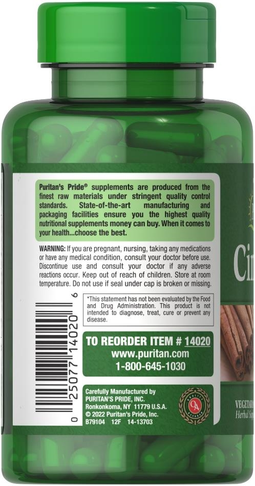 Корица Puritan's Pride Cinnamon 500 мг, 100 капсул