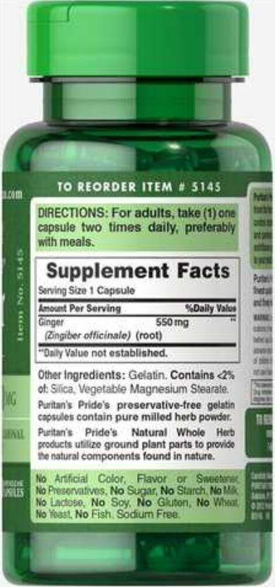 Корень имбиря Puritan's Pride Ginger Root 550 мг, 100 капсул