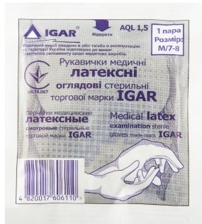 Перчатки смотровые IGAR латексные стерильные, бюджетная упаковка, размер М, пара