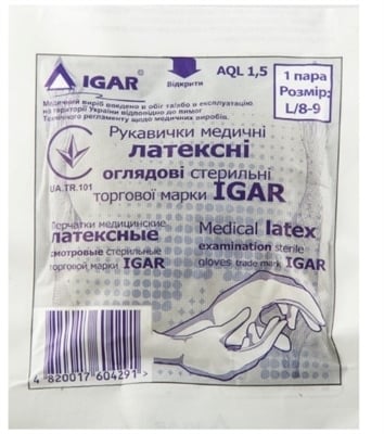 Перчатки смотровые IGAR латексные стерильные, бюджетная упаковка, размер L, пара