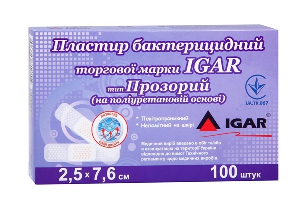 Пластырь бактерицидный IGAR тип Прозрачный на полимерной основе (полиуретан) 2,5 см х 7,6 см, 1 штука