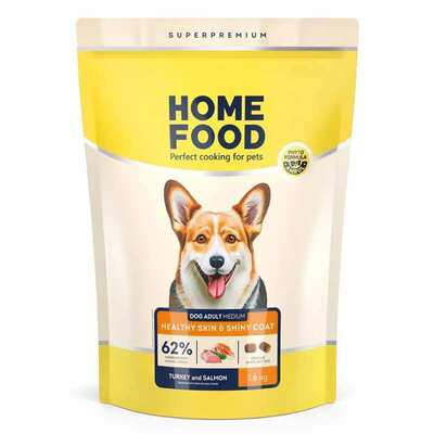 Корм сухой Home Food Healthy skin and shiny coat Здоровая кожа и блеск шерсти для собак средних пород с индейкой и лососем, 1,6 кг
