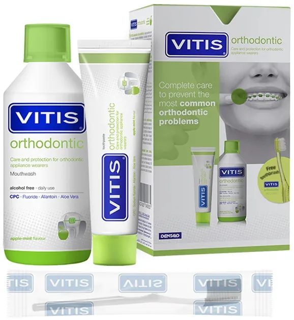 Набір Dentaid Vitis Orthodontic зубна паста 100 мл + ополіскувач 500 мл + щітка 1 шт
