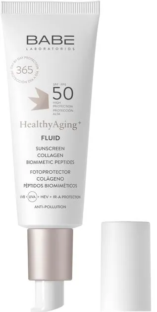 Сонцезахисний флюїд Babe Laboratorios Healthy Aging+ SPF50 з Anti-Age ефектом з коллагеном і пептидами, 40 мл