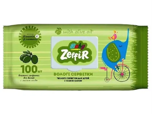 Серветки вологі Zeffir Baby дитячі з маслом оливи, з клапаном, 100 шт