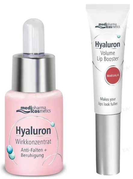 Набір Medipharma Cosmetics Hyaluron Сироватка для обличчя для відновлення чутливої шкіри 13 мл + Бальзам для губ Marsala 7 мл