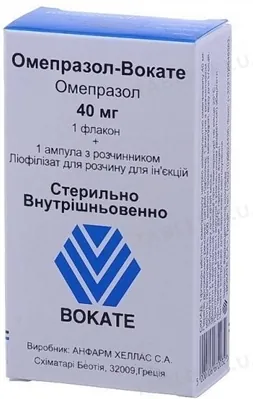 Омепразол-Вокате ліофілізат для р-ну д/ін. по 40 мг №1 у флак. з р-ком