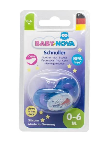 Пустышка силиконовая Baby-Nova 24222-1 ортодонтическая ночная, размер 1, синяя 0-6 месяцев, 1 шт