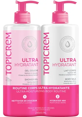 Набір Topicrem Ultra Hydratant (Зволожуюча емульсія для тіла 500 мл + Гель для душу 500 мл)