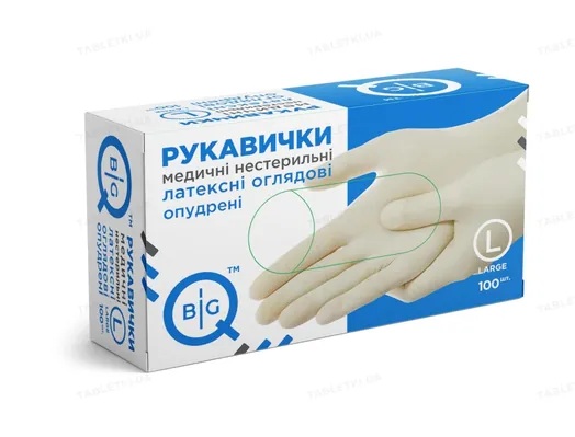 Рукавички оглядові BigQ латексні припудрені, нестерильні, розмір L, 100 штук
