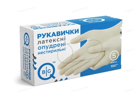 Рукавички оглядові BigQ латексні припудрені, нестерильні, розмір S, 100 штук